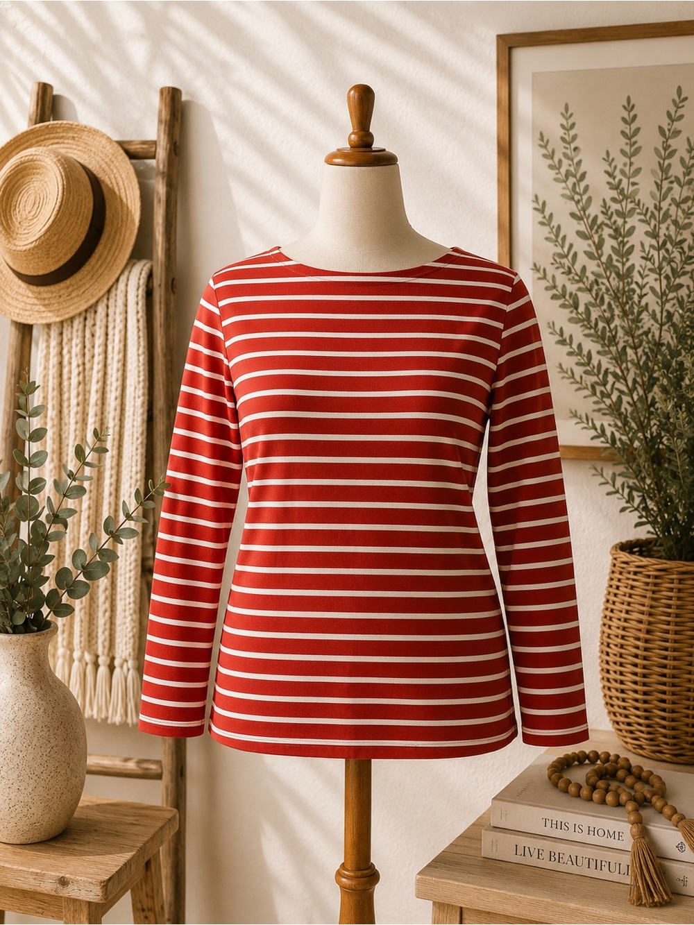 Anne Klein Red & White Stripe Top Size L Boatneck